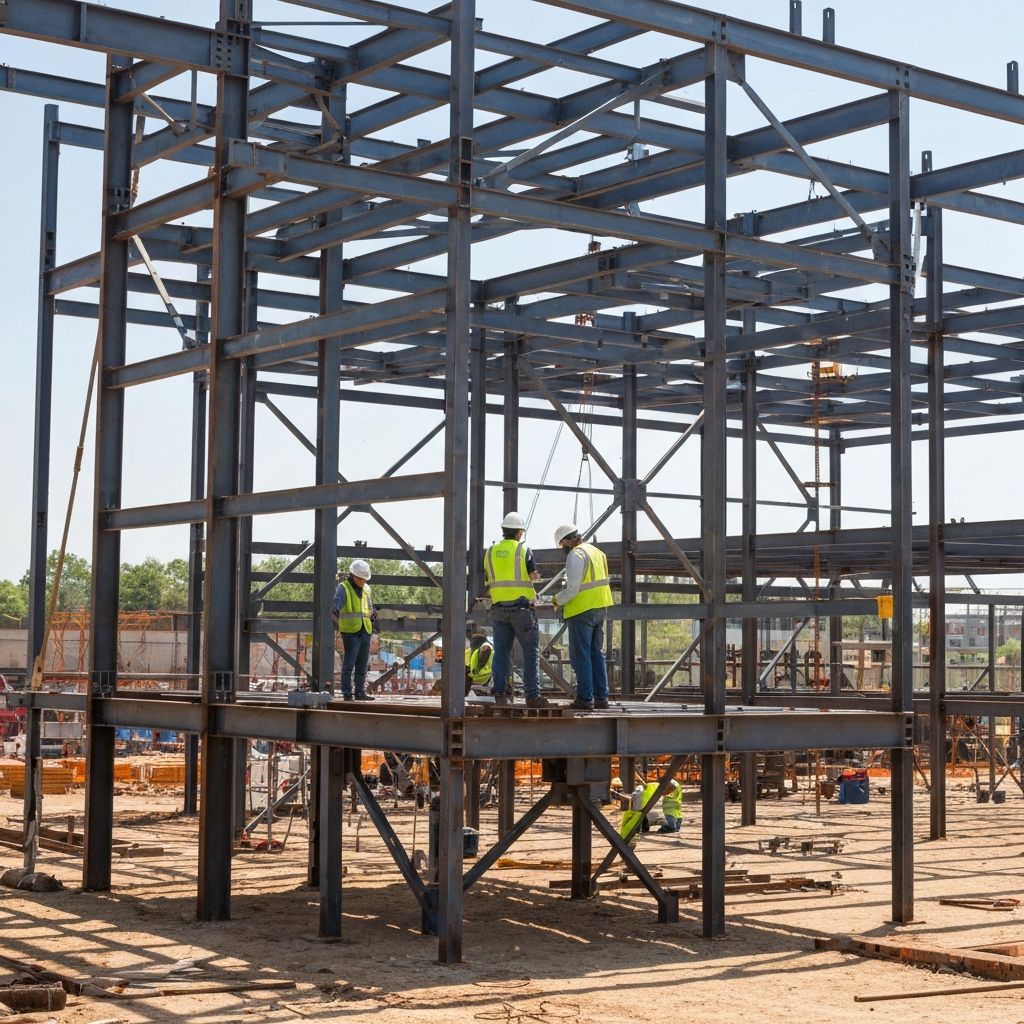 Steel building construction team inspecting structural framework